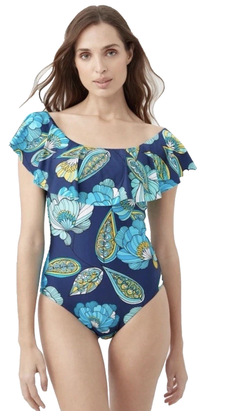 Trina Turk Pirouette One Piece Swimsuit Size 10 Blue Floral Ruffle Swimwear x
